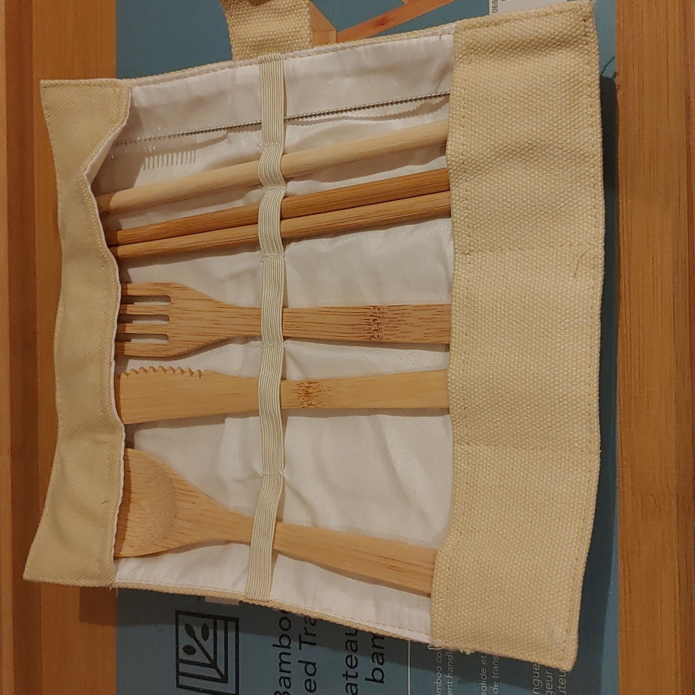 2 Sets of New Bamboo Cutlery in Canvas Pouch